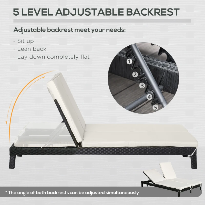 Outsunny Wicker Double Chaise Lounge Chair Outdoor Recliner 2 Person Rattan Patio Reclining Sunbed Furniture Cushioned w/Adjustable Backrest, Cream White