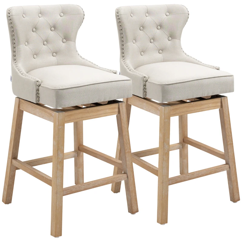 HOMCOM Memory Swivel Bar Stools Set of 2, Upholstered Fabric Bar Height Barstools with Tufted Back, Nailhead-Trim and Solid Wood Legs, 30" H Seat Height Kitchen Stools, Cream