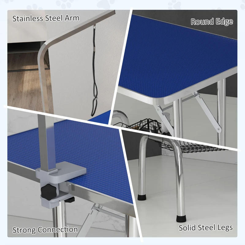 PawHut Foldable Grooming Table for Dogs with Height Adjustable Grooming Arm, Storage Shelf, Blue