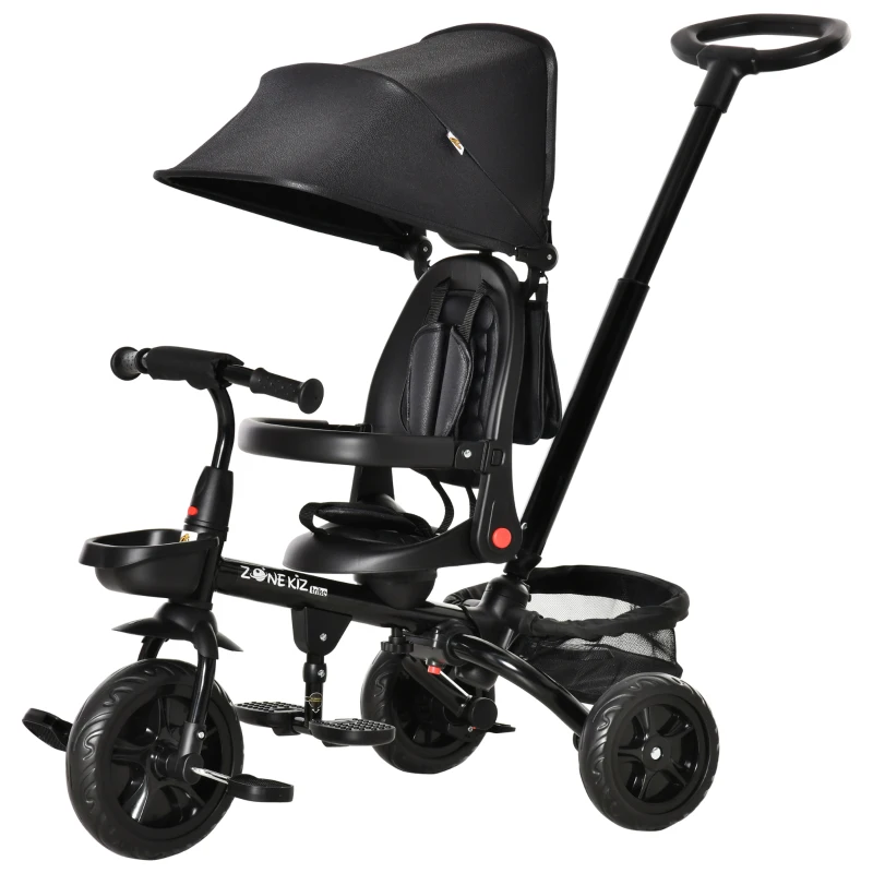 Qaba Tricycle for Toddler 4 in 1 Kids Trike with Reversible Adjustable Seat, Baby Push Bike with Removable Handle, Canopy, Belt Storage Brake Clutch for 1-5 Years, Black