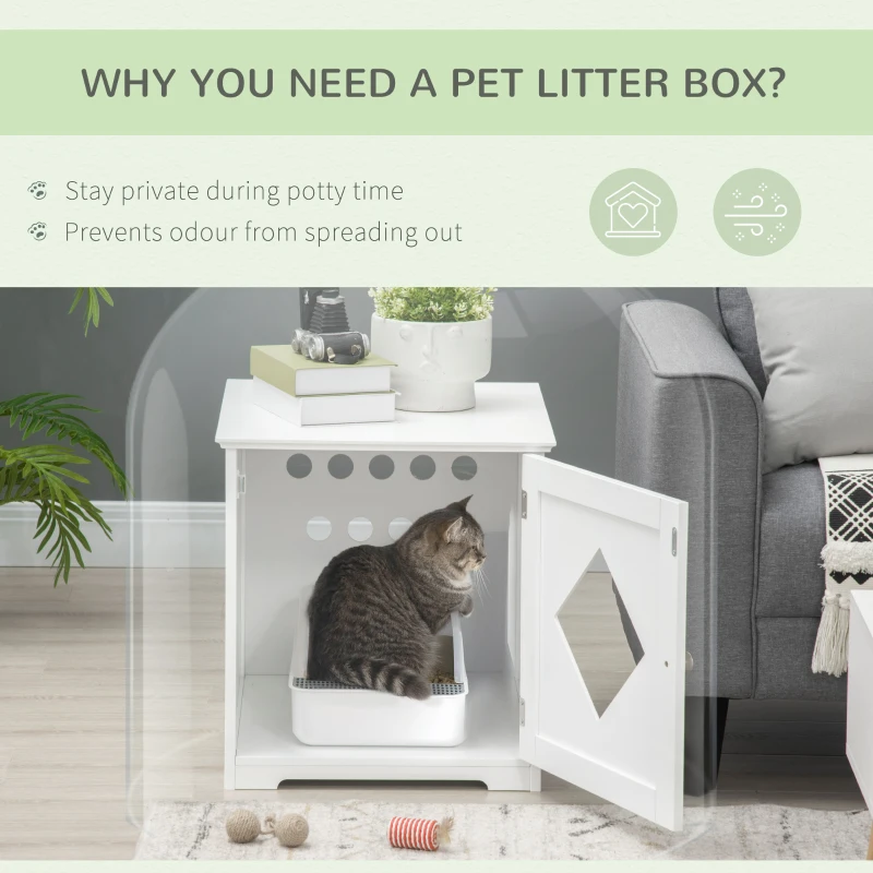 PawHut Cat Litter Box Enclosure End Table, Indoor Cat Washroom with Magnetic Door, Hidden Litter Box Nightstand with Large Tabletop, Easy Assembly, White