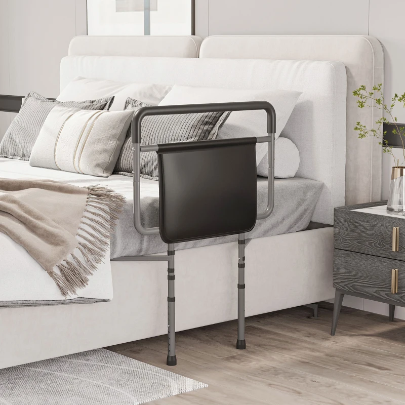 HOMCOM Bed Rail for Adults Safety, Height Adjustable Bed Assist Rail Grab Bar with Storage Pocket, Grey