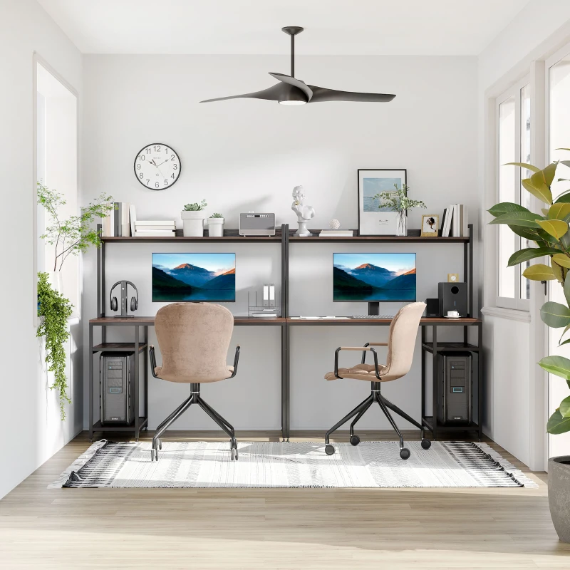 HOMCOM 94.5in Industrial Double Computer Desk with Hutch and Storage Shelves, Extra Long Two Person Home Office Desk, Writing Table Workstation for 2 People with CPU Stand, Brown Wood Grain