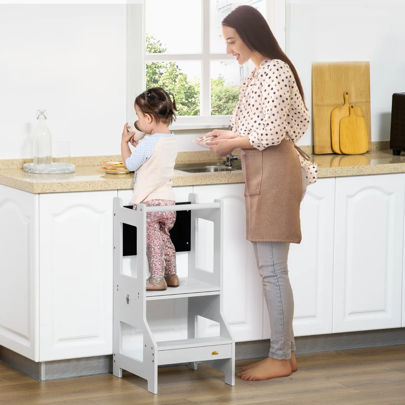 Qaba Kids Kitchen Step Stool, 2 in 1 Kitchen Table Set Toddler Standing Tower with Chalkboard, Safety Rail for Kitchen, Bathroom, Bedroom, Gray
