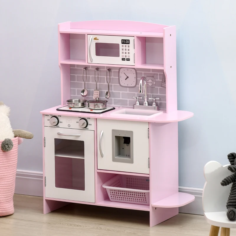 Qaba Pretend Play Kitchen with Sound Effects and Stove Lights, Kids Kitchen Playset with Storage, Water Dispenser Preschool & Kindergarten Gift for 3-6 Years Old, Pink