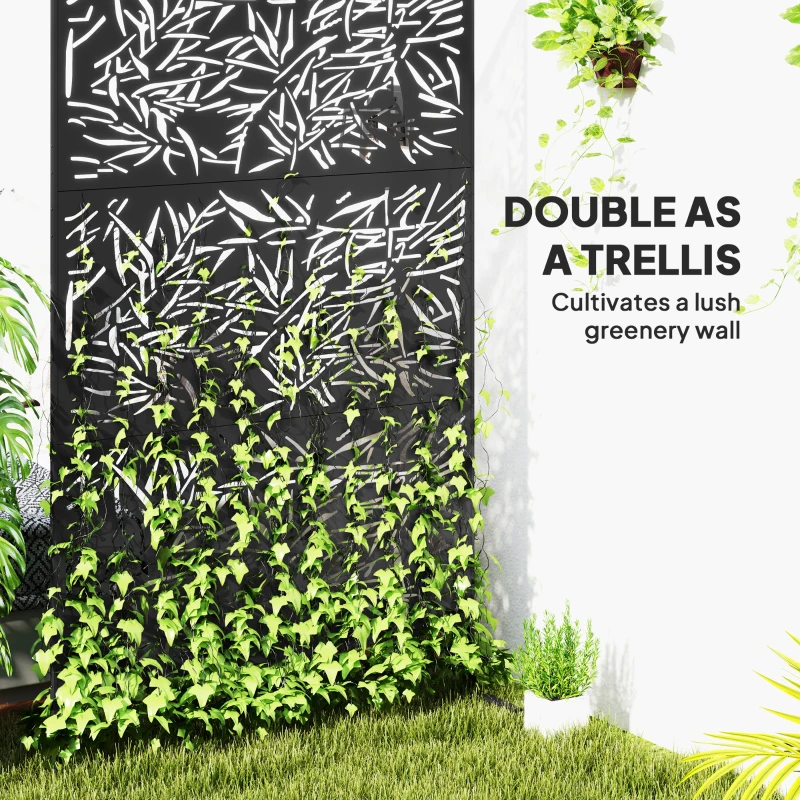 Outsunny Decorative Privacy Fence Screen, Metal Outdoor Privacy Screen Climbing Plant Trellis with Stand, Bamboo Black