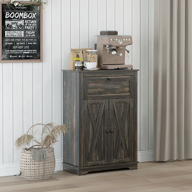 HOMCOM Farmhouse Sideboard Storage Cabinet with Doors and Drawer for Kitchen, Living room, 23.5"x11.75"x34.5", Dark Brown