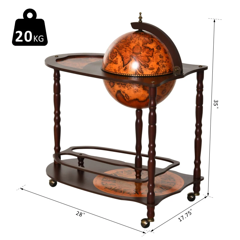 HOMCOM Rolling 28" Globe Wine Bar Stand Wine Cabinet Bottle Shelf Holder Wine Host Trolley with Wheels for 18 Bottles, Brown
