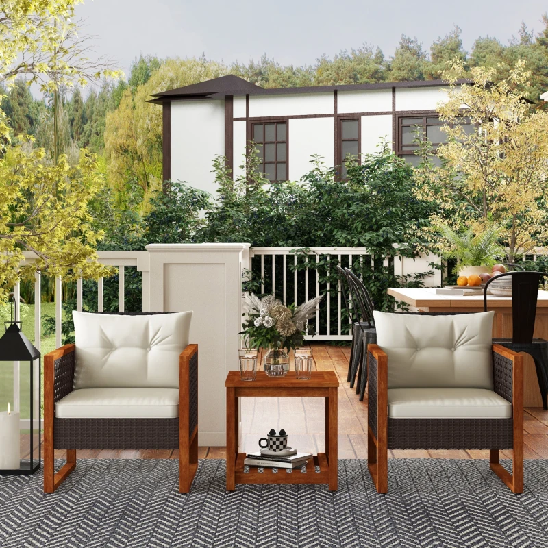 Outsunny Outdoor Bistro Set, Wicker Patio Furniture with Cushions for Porch, Backyard, Garden, Brown