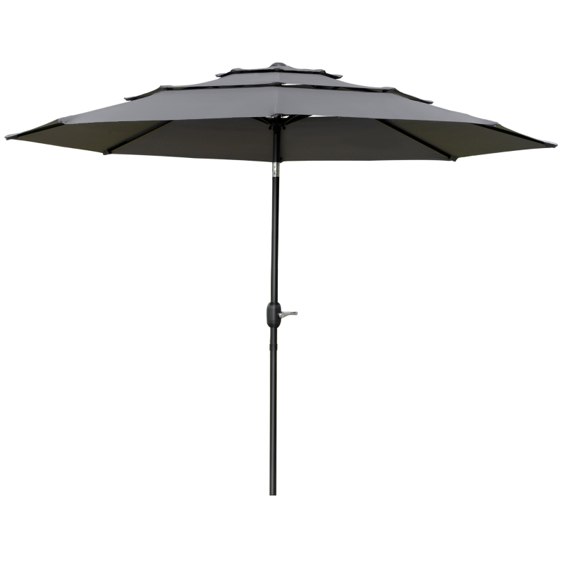 Outsunny 9FT 3 Tiers Patio Umbrella Outdoor Market Umbrella with Crank, Push Button Tilt for Deck, Backyard and Lawn, Light Grey