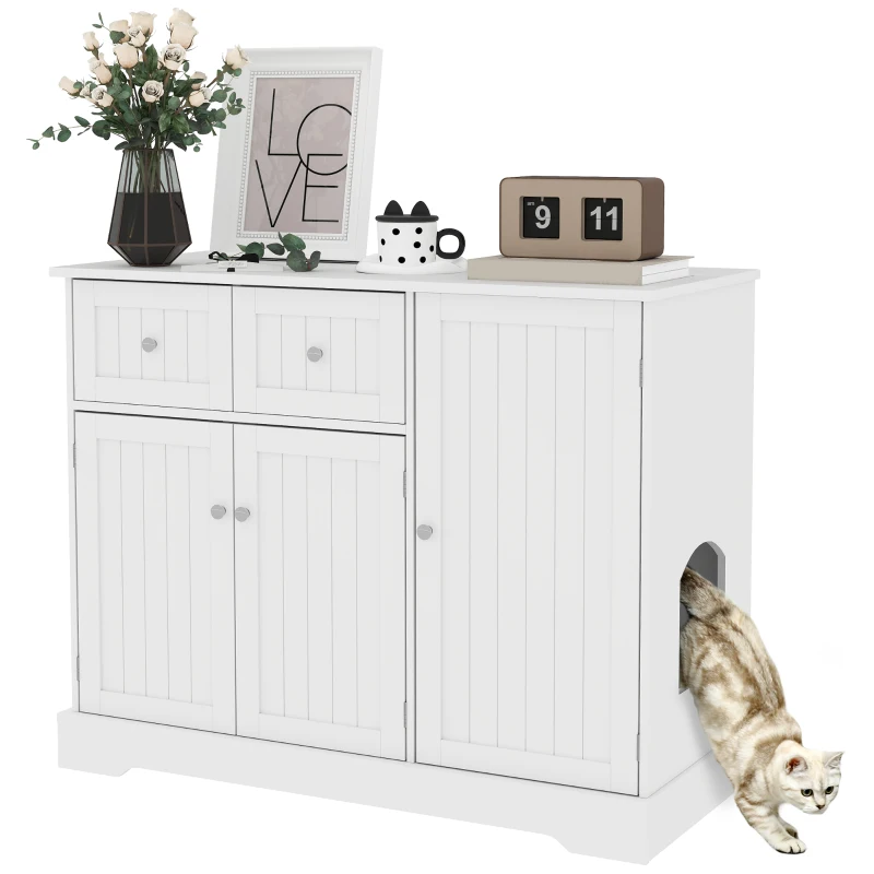 PawHut Cat Litter Box Enclosure with Drawers, Storage, Anti-tip Kit, 39" x 18" x 31.5", White