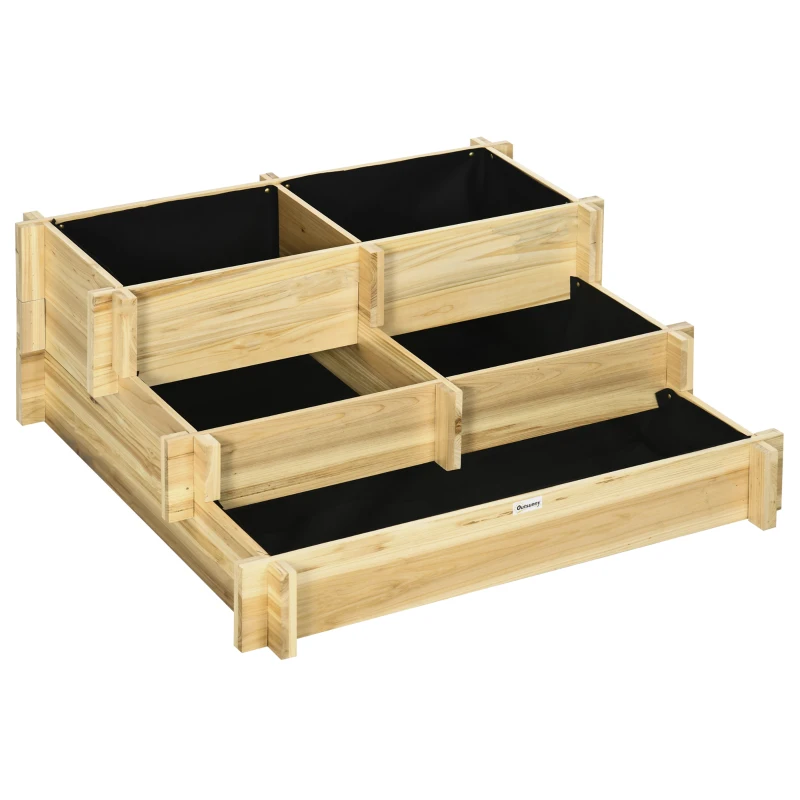 Outsunny 3 Tier Raised Garden Bed, Water Draining Fabric for Soil, Elevated Wood Flower Box for Vegetables, Herbs, Natural