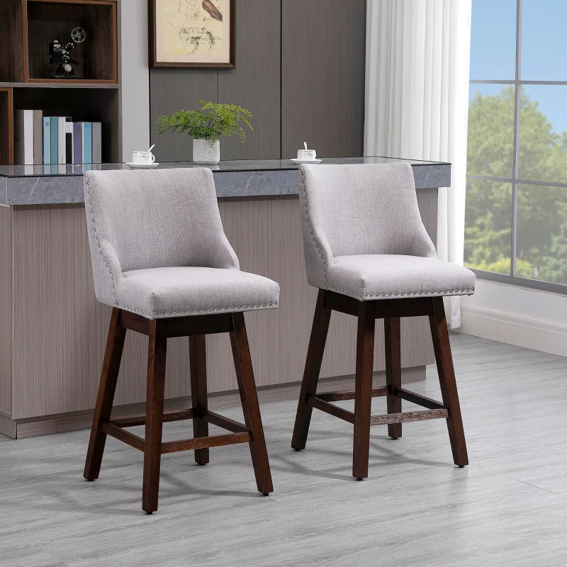 HOMCOM 28" Swivel Bar Height Bar Stools Set of 2, Armless PU Leather Upholstered Barstools Chairs with Nailhead Trim and Wood Legs, Light Grey