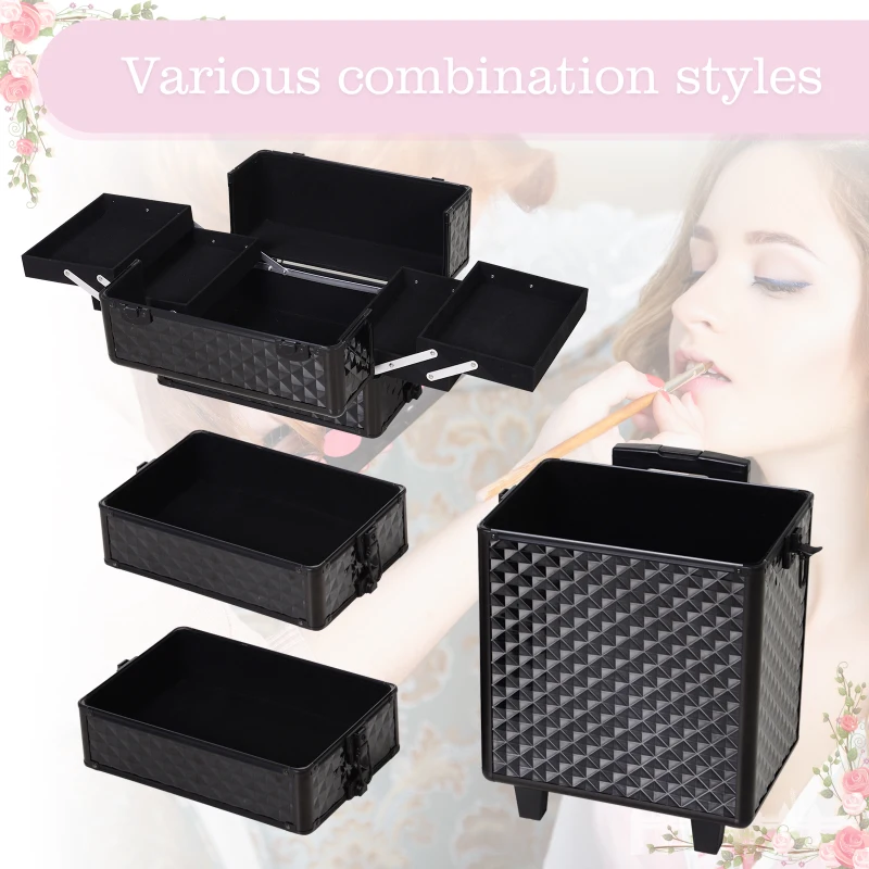 HOMCOM 4 in 1 Portable Aluminum Makeup Case Train Cases, Rolling Makeup Case with 2 Wheels, Multiple Compartments and Lift Handle