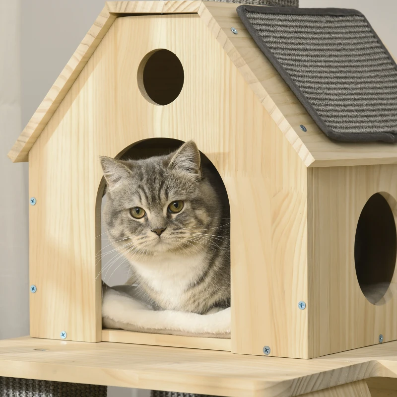 PawHut 49" Cat Tree, Cute Cat Tower with Pillow Covered Perches, Spinning Toy, Cat Condo, Scratching Posts, Ladder, Cat Activity Center, Cat Furniture for Indoor Cats, Natural