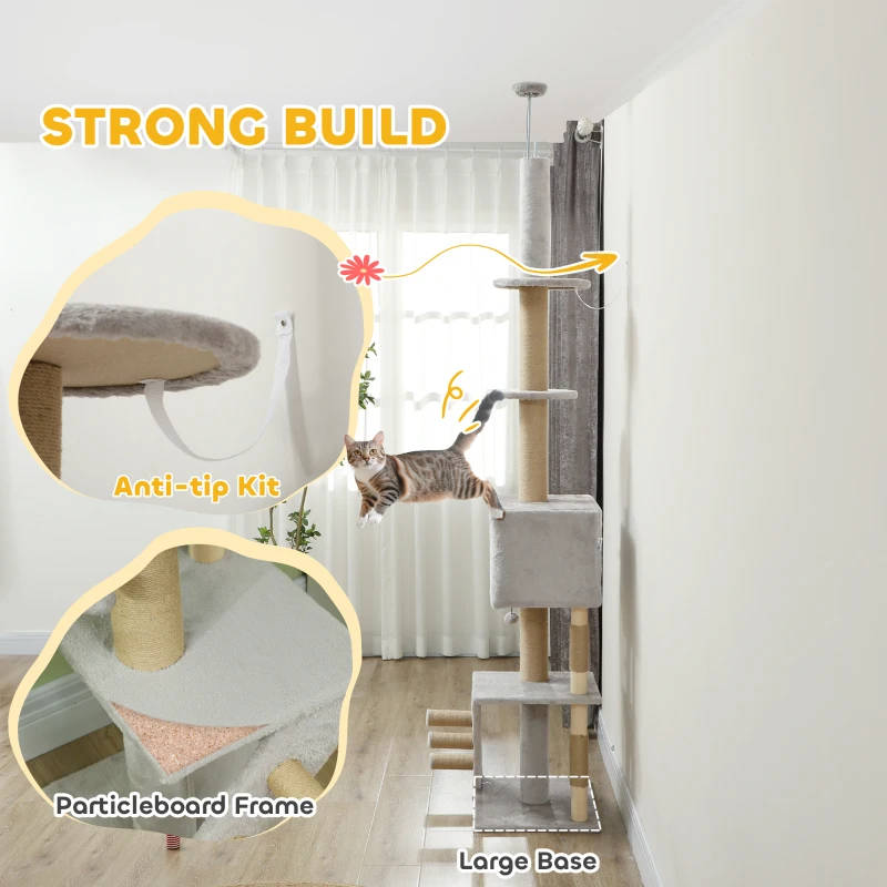 PawHut 89"-100" Floor to Ceiling Cat Tree w/ Scratching Post, Cat House, 3-Steps, Hanging Ball, Perches, Light Grey