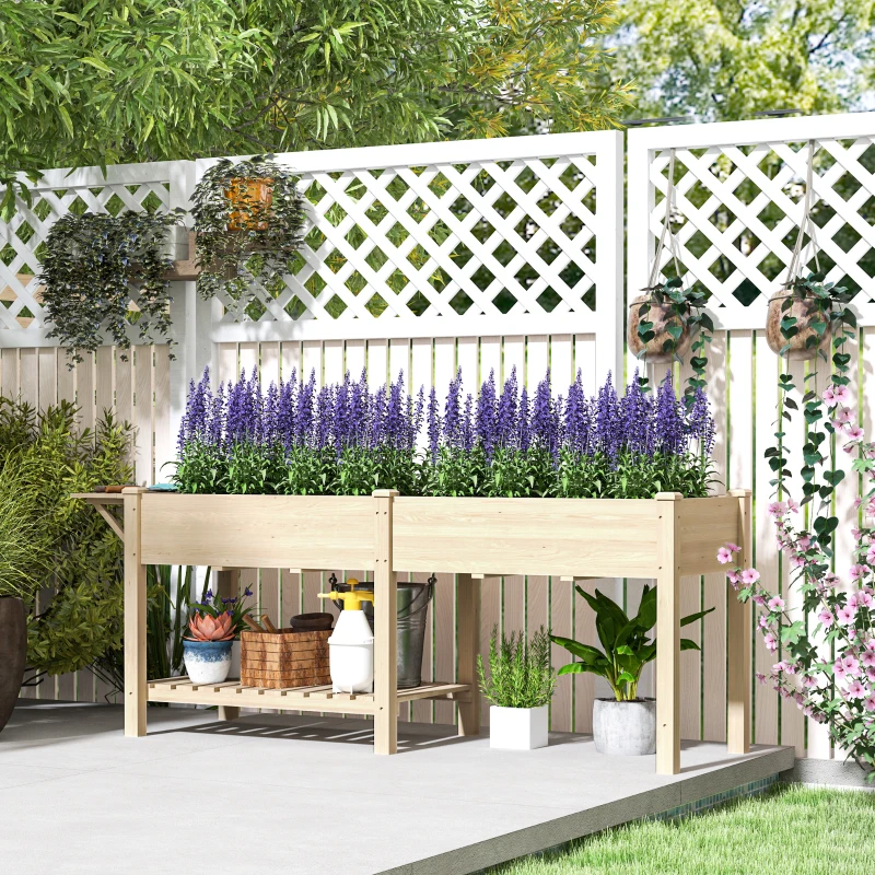 Outsunny Wood Raised Garden Box, Elevated Garden Bed with Side Table, Bottom Shelf, Bed Liners and Drainage Holes, Natural