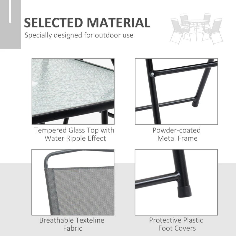 Outsunny 5 Pieces Patio Table and Chairs, Outdoor Dining Set with 4 Folding Chairs, Glass Tabletop and Parasol Hole, Grey