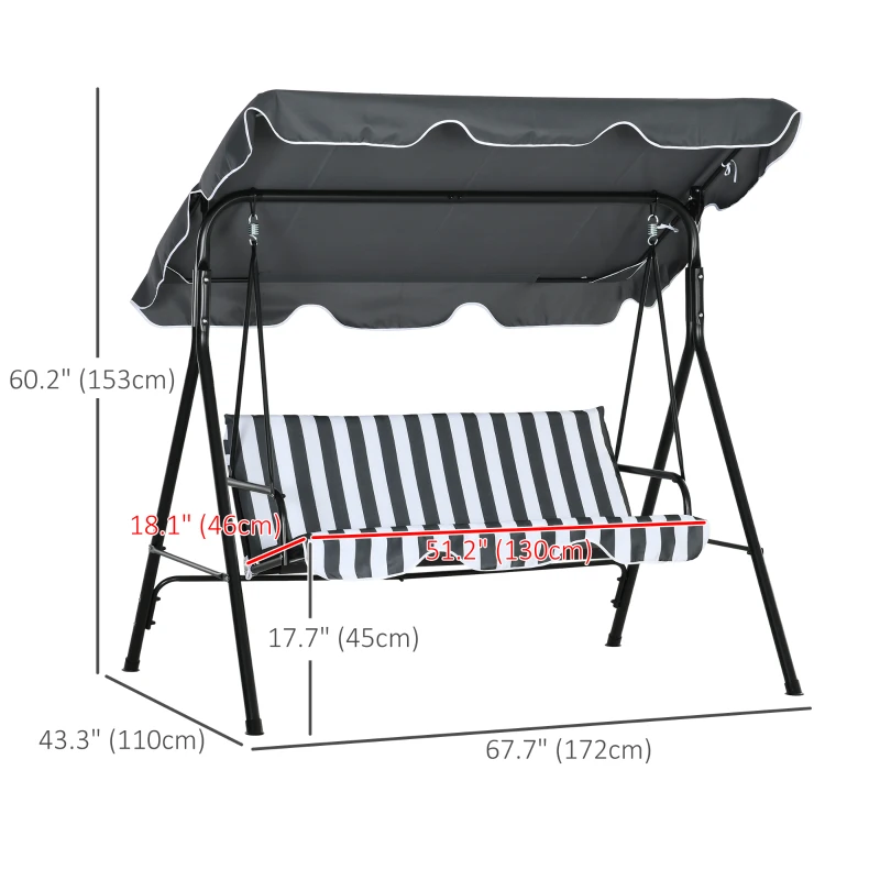 Outsunny 3-Seater Outdoor Porch Swing with Adjustable Canopy, Patio Swing Chair for Garden, Poolside, Backyard, Grey and White