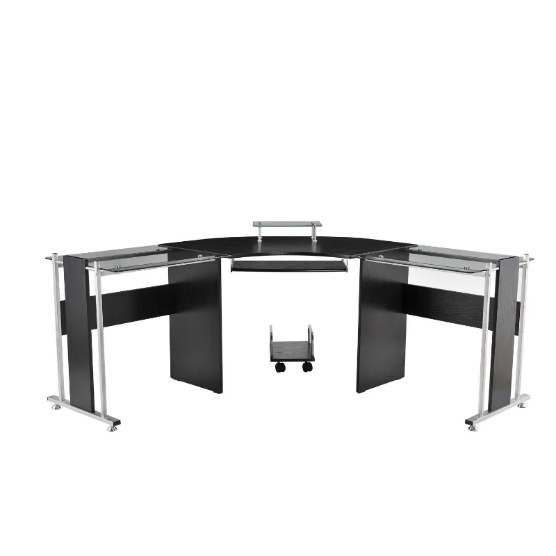HOMCOM 69" Modern L-Shaped Tempered Glass Office Computer Desk with Elevated Monitor Stand, Rolling CPU Holder, Pull Out Keyboard Tray and Steel Frame, Black