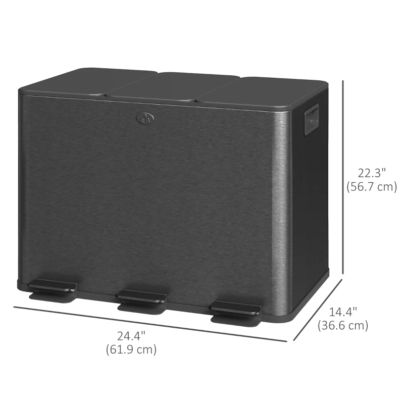 HOMCOM Triple Garbage Bin, Soft-Close Trash Can with Foot Pedal, 3 x 20 Liter Garbage Can with Removable Inner Buckets, Black