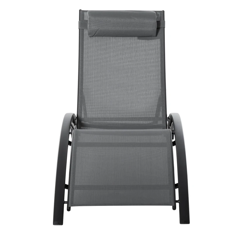 Outsunny Patio Lounge Chair, Aluminum Reclining Outdoor Tanning Chair with 5-Level Adjustable Backrest, Head Pillow and Breathable Mesh Fabric, for Pool, Deck, Garden, Grey