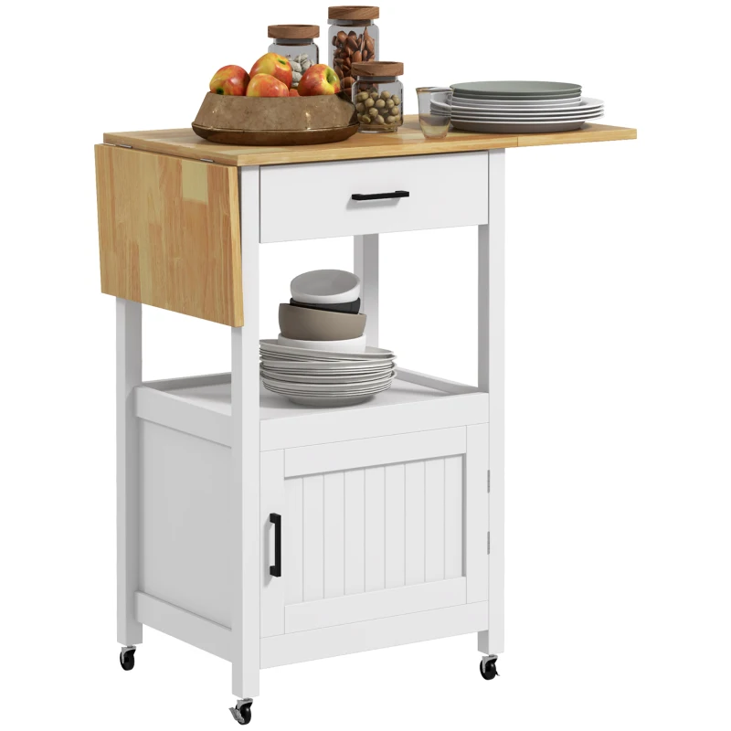HOMCOM Foldable Kitchen Island with Storage Drawer, Wood Top Coffee Cart on Wheels, Kitchen Cart with Cabinet, White