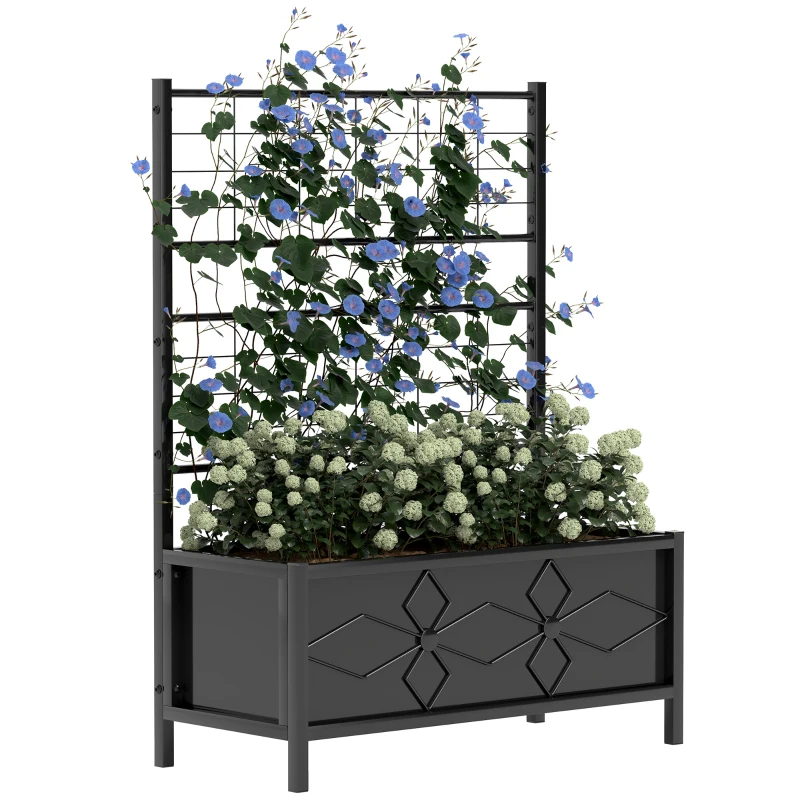 Outsunny Outdoor Planter Box Galvanized Raised Garden Bed with Trellis for Climbing Vines, 35.4" x 15.7" x 47.2", Black