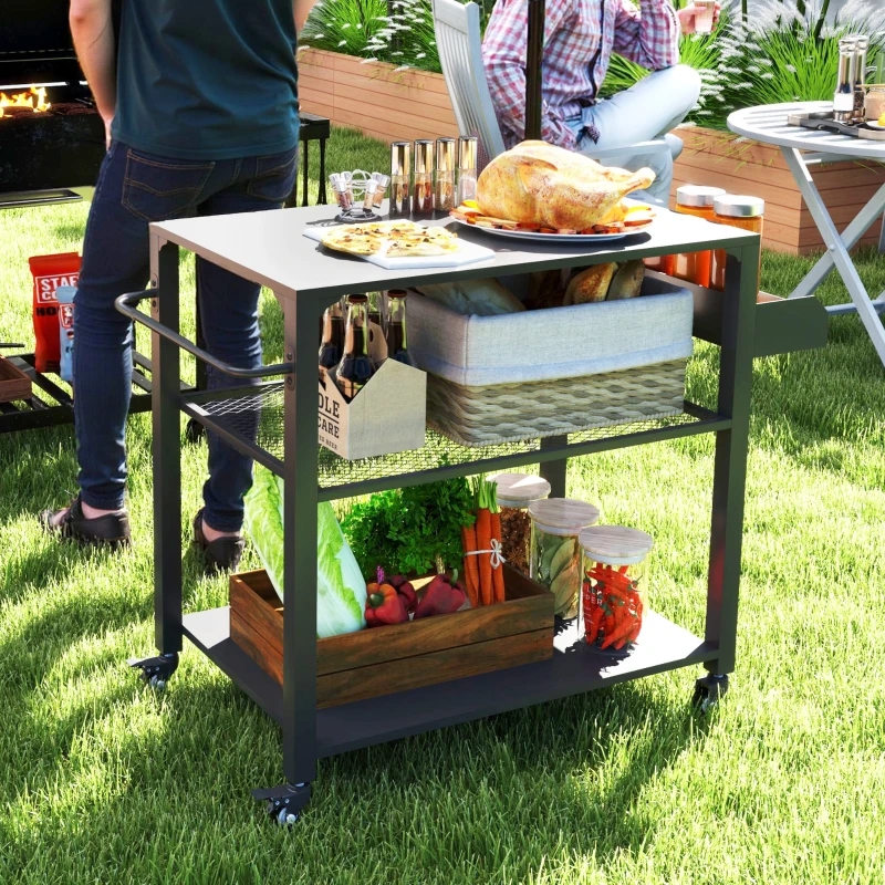 Outsunny 3-Tier Outdoor Grill Dining Cart with Storage Rack, Pizza Oven Stand with Side Handle, 4 Wheels for Backyard Party