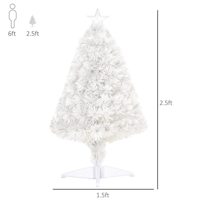 HOMCOM 2.5ft Tall Pre-Lit Douglas Fir Tabletop Artificial Christmas Tree with Realistic Branches, Fiber Optic LED Lights and 85 Tips, White