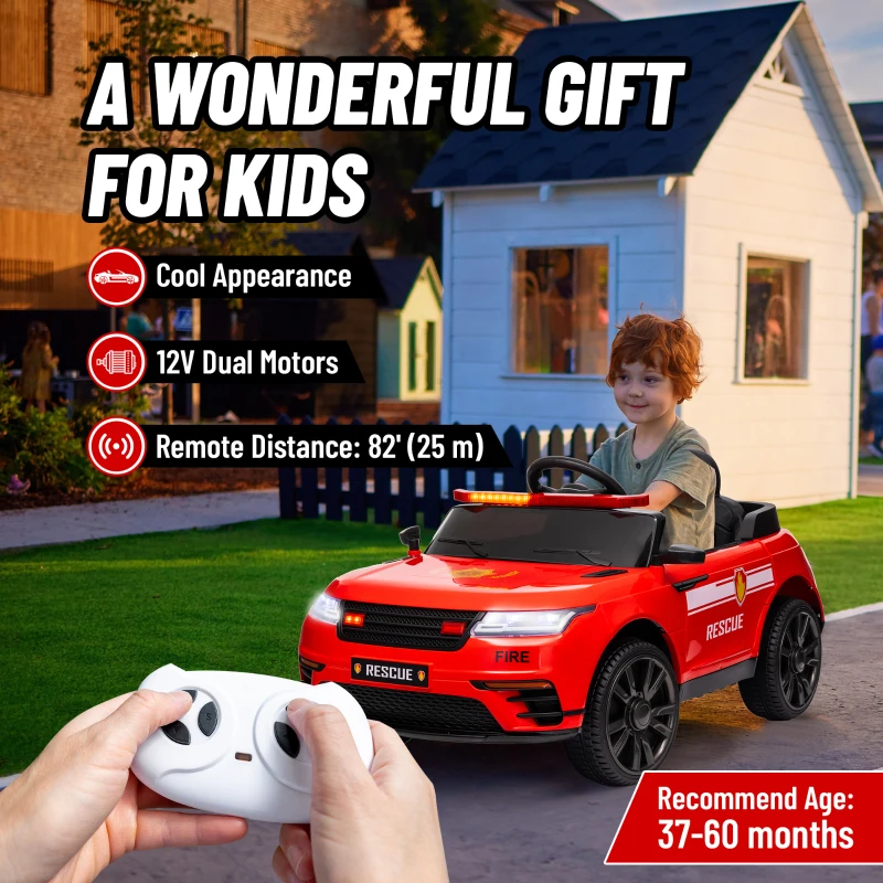 Qaba 12V Kids Electric Fire Truck w/ Remote Control, Spring Suspension, Transport Wheel, Siren, Music, Light, Horn, Red