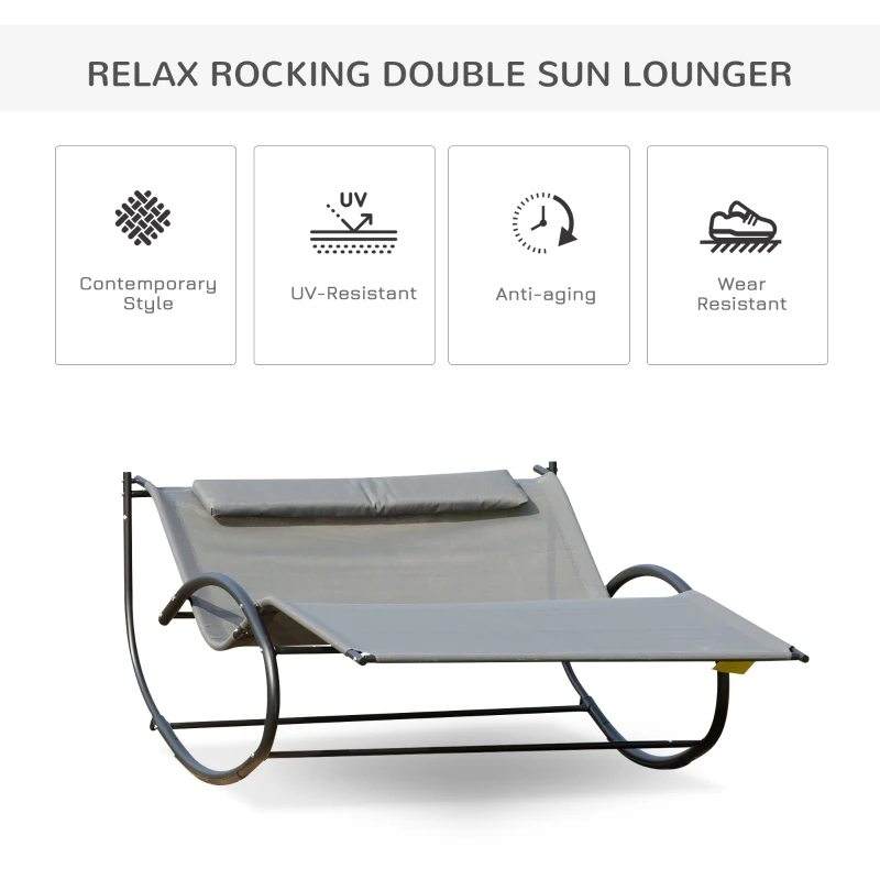 Outsunny Double Chaise Lounger Garden Rocker Sun Bed Outdoor Hammock Chair Texteline with Pillow Grey