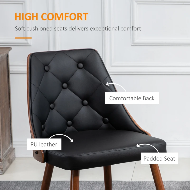 HOMCOM Dining Chairs Set of 2, Tufted Kitchen Chairs, PU Leather Upholstered Seats and Steel Legs for Dining Room, Black