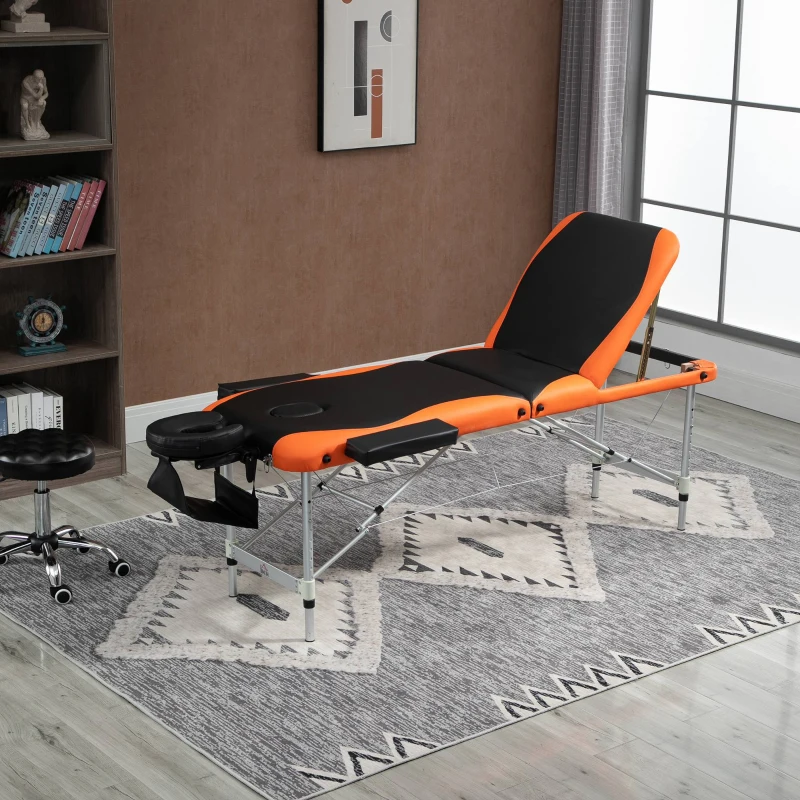 HOMCOM 85" 3 Section Foldable Massage Table Professional Salon SPA Facial Couch Bed (Black/Orange)