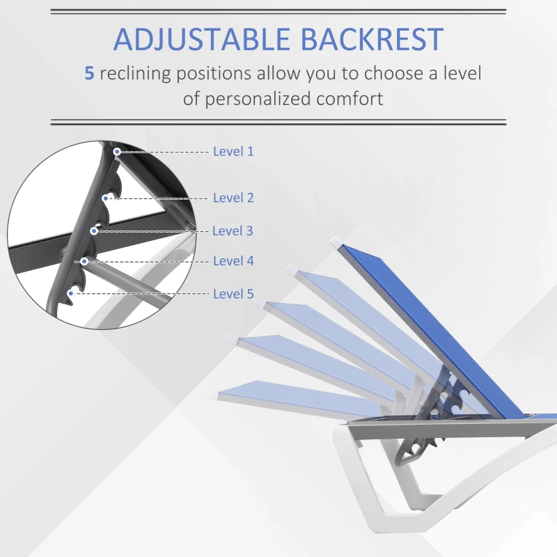 Outsunny Outdoor Chaise Lounge Chair, Patio Aluminum Tanning Chair with 5-Level Adjustable Back, Portable Wheels, Breathable Mesh Fabric, for Pool, Deck,  Garden, Blue