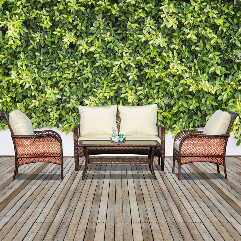 Outsunny 4-Piece Outdoor Wicker Sofa Set, Outdoor PE Rattan Conversation Furniture with 4 Chairs & Table, Water-Fighting Material, White