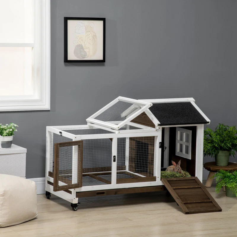 PawHut Rabbit Cage with Wheels, Ramp, Run, Tray for Indoor Outdoor, Suitable for Rabbit, Guinea Pig, Coffee