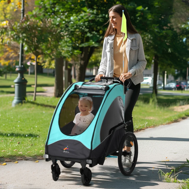 Aosom Bike Trailer for Kids 3 In1 Foldable Child Jogger Stroller Baby Stroller Transport Carrier with Shock Absorber System Rubber Tires Adjustable Handlebar Kid Bicycle Trailer Blue and Grey