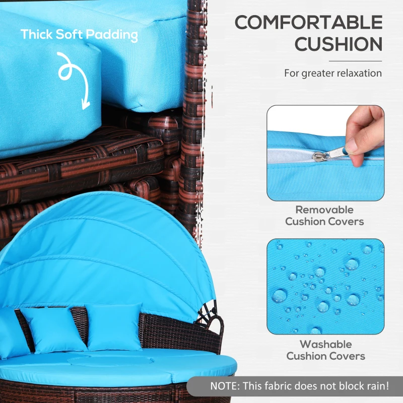 Outsunny 4-Piece Round Convertible Daybed with Cushions, Outdoor PE Rattan Patio Wicker Sofa Set, Sunbed with Adjustable Sun Canopy, Sectional Sofa, 2 Chairs, Table, 3 Pillows, Blue