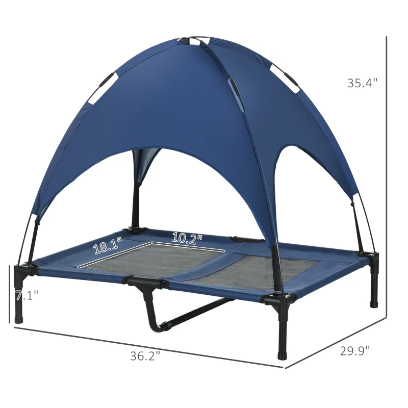 PawHut Elevated Portable Dog Cot Pet Bed with UV Protection Canopy Shade, 36 inch, Dark Blue