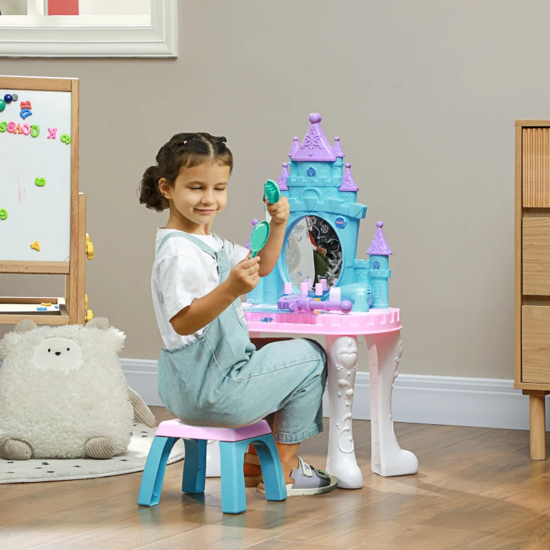 Qaba Kids Vanity Set with Mirror and Stool, Light, Music, Castle Design Makeup Table for Girls 3-6 Years, Multicolor