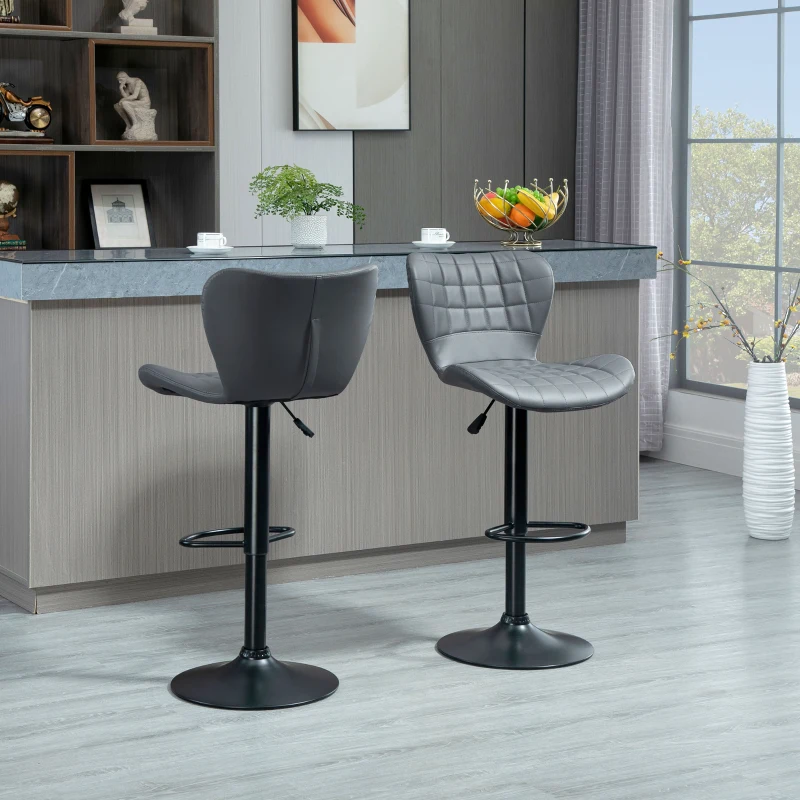 HOMCOM Bar Stools Set of 2, Adjustable Height Swivel Bar Chairs, PU Leather Upholstered Kitchen Counter Stools with Wide Seat, Back and Footrest, Grey