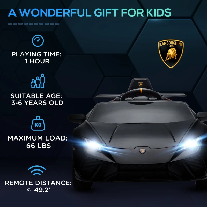 Qaba 12V Lamborghini Huracan Licensed Kids Electric Car with Parent Remote Control, Spring Suspension, Transport Wheel, Black(m-9)