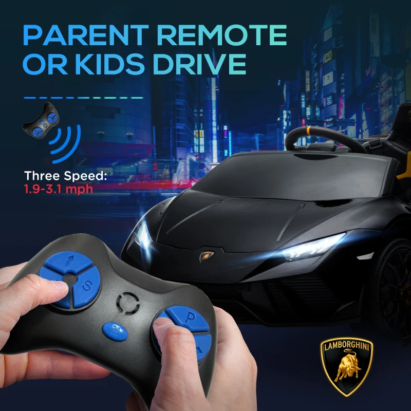 Qaba 12V Lamborghini Huracan Licensed Kids Electric Car with Parent Remote Control, Spring Suspension, Transport Wheel, Black(m-6)