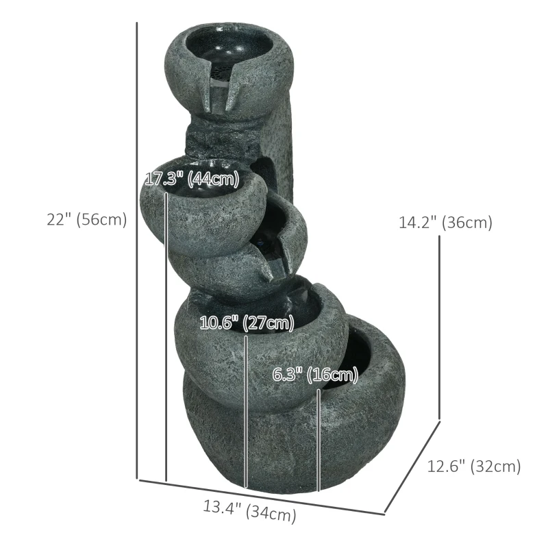 Outsunny 5-Tiered Cascading Bowls Outdoor Water Fountain with LED Lights, Adjustable Flow, 22-inch Resin Waterfall Fountain