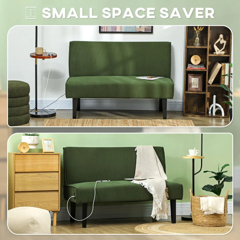 HOMCOM 46.5" Loveseat Couch with USB Ports, Corduroy Love Seat Sofa with Wood Legs for Living Room, Bedroom, Small Space, Green