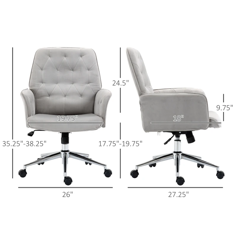 Vinsetto Velvet Home Office Chair, Tufted Height Adjustable Computer Desk Chair with Swivel Wheels and Padded Armrests, Light Gray