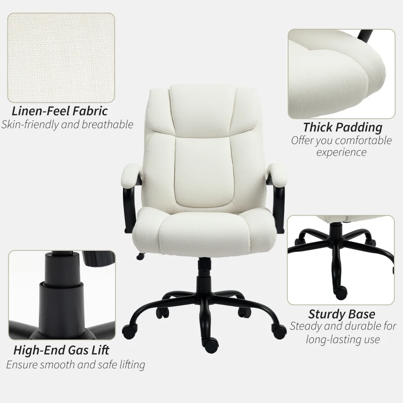 Vinsetto Executive Office Chair with Wide Seat, Computer Desk Chair with Adjustable Height, Swivel Wheels, Cream White