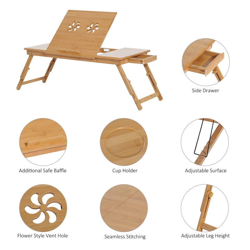 HOMCOM Adjustable Bamboo Laptop Desk Portable Foldable Breakfast Serving Bed Tray with Tilt Top (28.3"L)