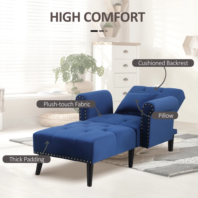 HOMCOM 2-In-1 Chaise Lounge Indoor with Rolled Armrest, Nailhead Trim and Button Tufting, Adjustable Velvet Fabric Upholstered Sofa for Bedroom and Living Room, Blue